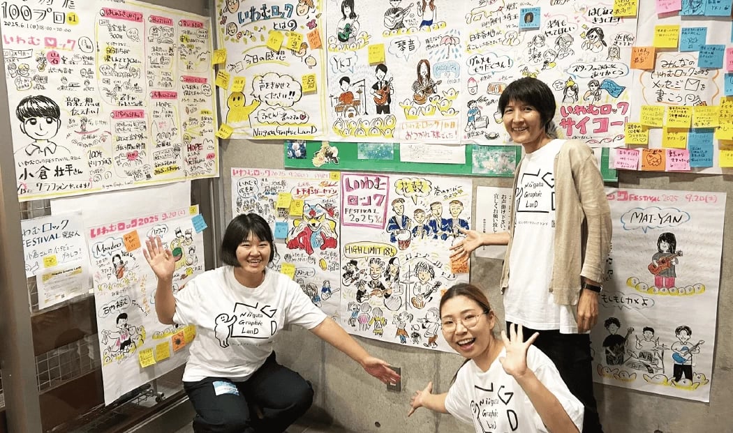 ▲団体を立ち上げた小林さん（左）と仲間たち。描きあげたカラフルな模造紙を前に、笑顔を見せる。