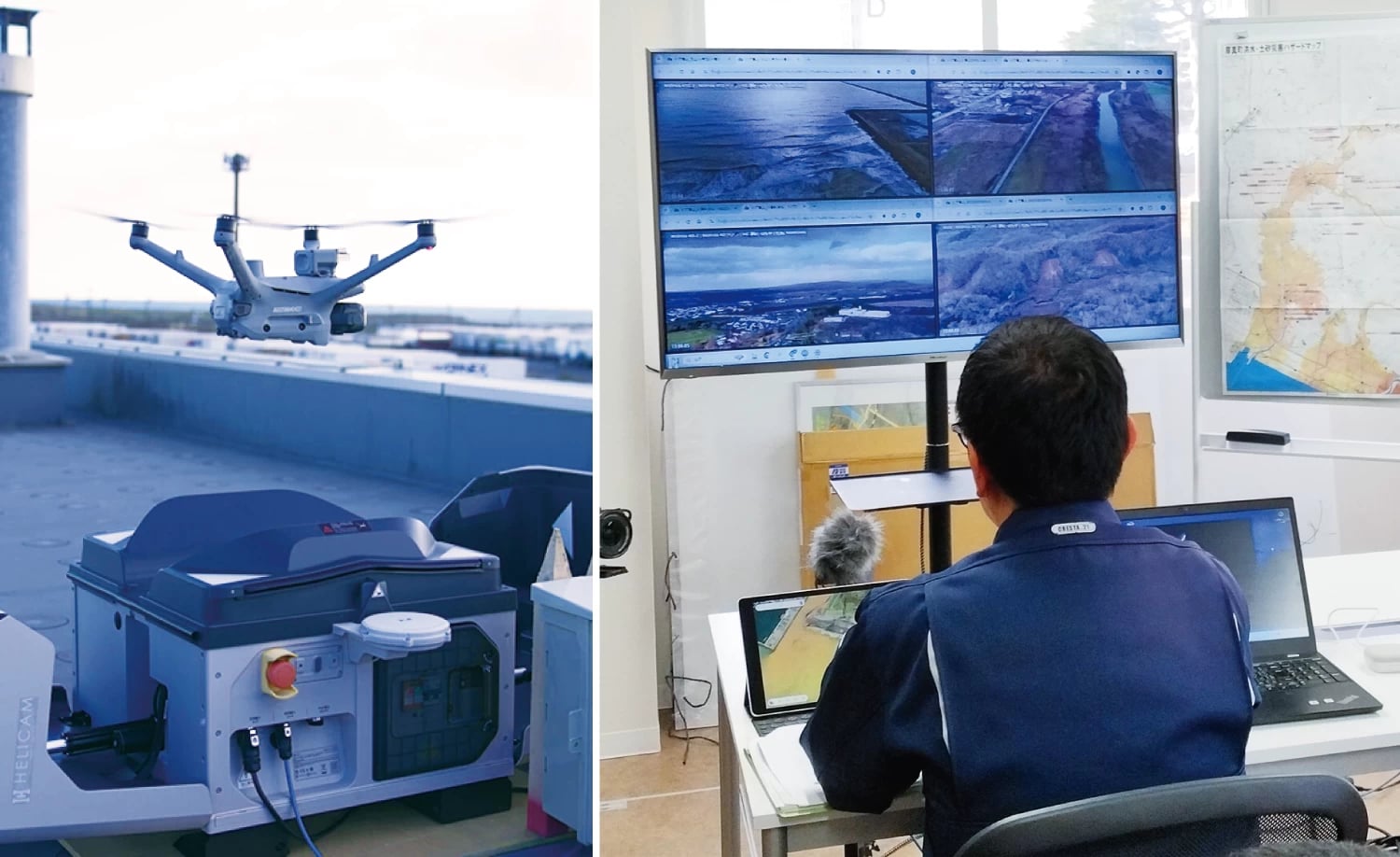 ▲災害時には、複数のドローンの映像を自治体の災害対策本部へ即時に共有する。
