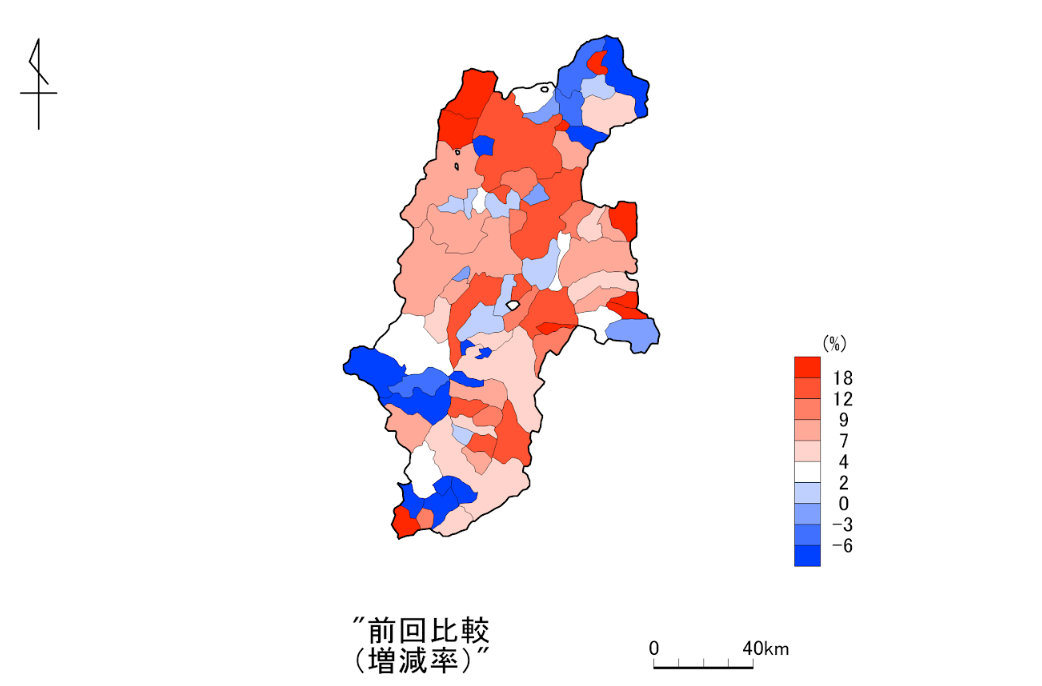 10年前と比較した長野県における若年人口女性の増減率